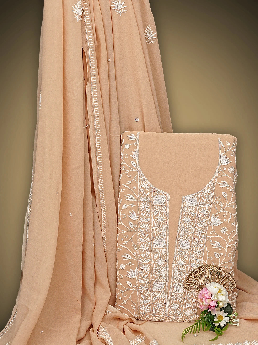 Ada Hand Embroidered Dusty Peach Viscose Georgette Lucknowi Chikankari Unstitched Kurta Dupatta Set With Sequinned Work 01A919287