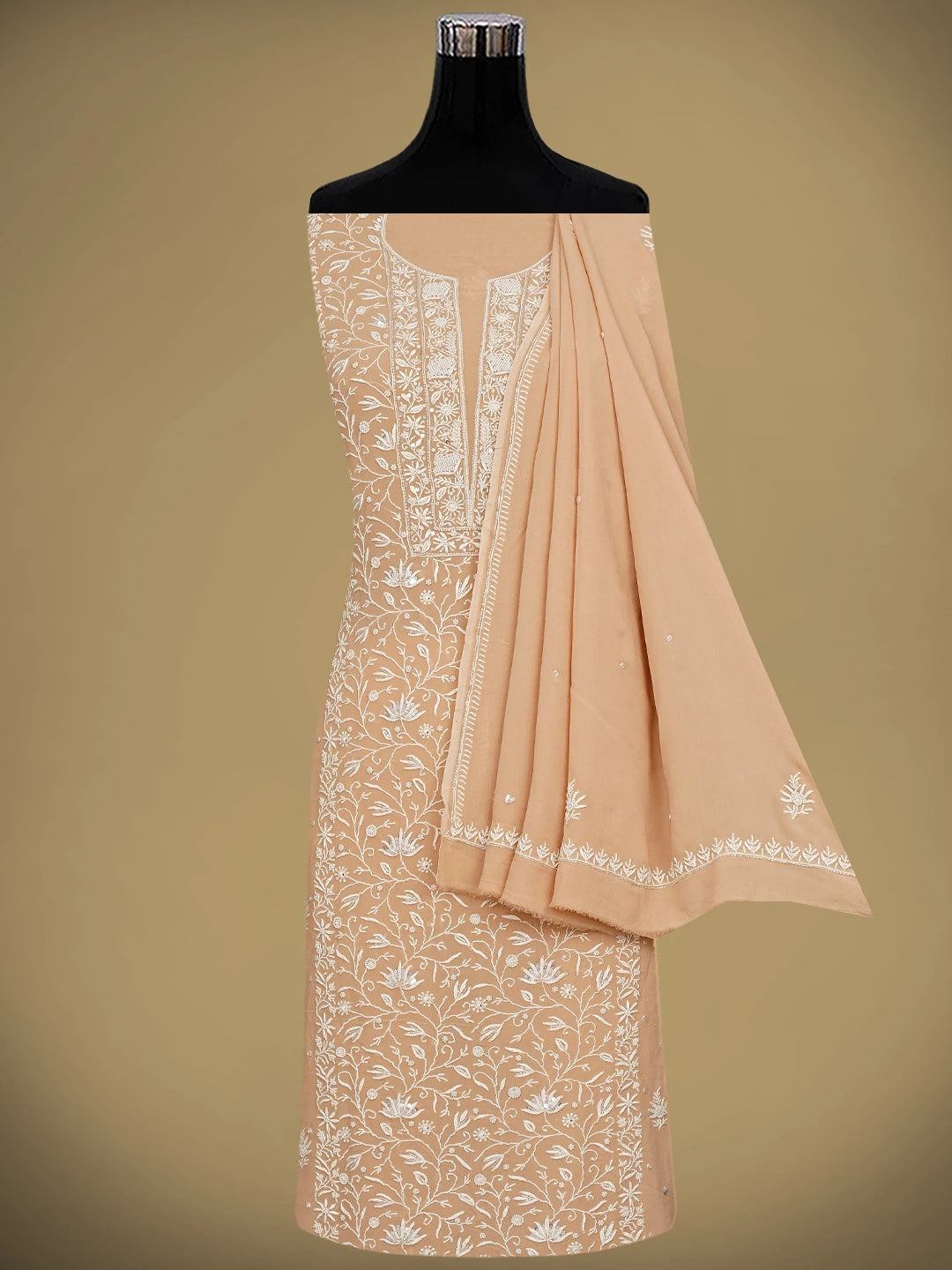 Ada Hand Embroidered Dusty Peach Viscose Georgette Lucknowi Chikankari Unstitched Kurta Dupatta Set With Sequinned Work 01A919287