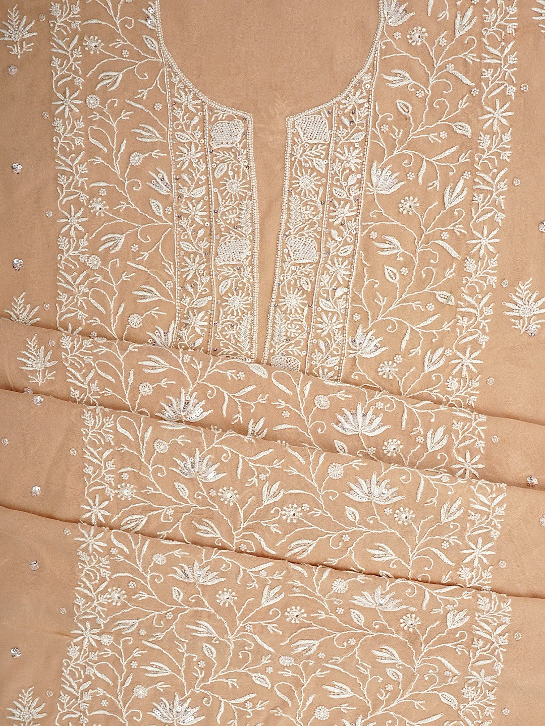 Ada Hand Embroidered Dusty Peach Viscose Georgette Lucknowi Chikankari Unstitched Kurta Dupatta Set With Sequinned Work 01A919287