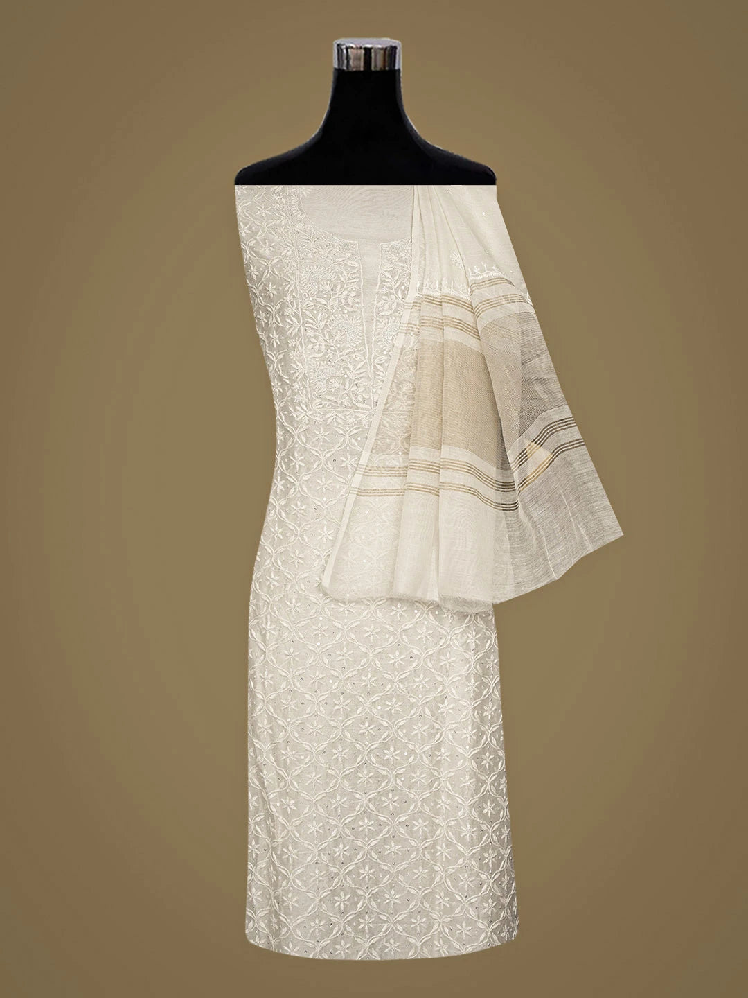 Ada Hand Embroidered White Chanderi Lucknowi Chikankari Unstitched Kurta Dupatta Set With Sequinned Work 01A759712