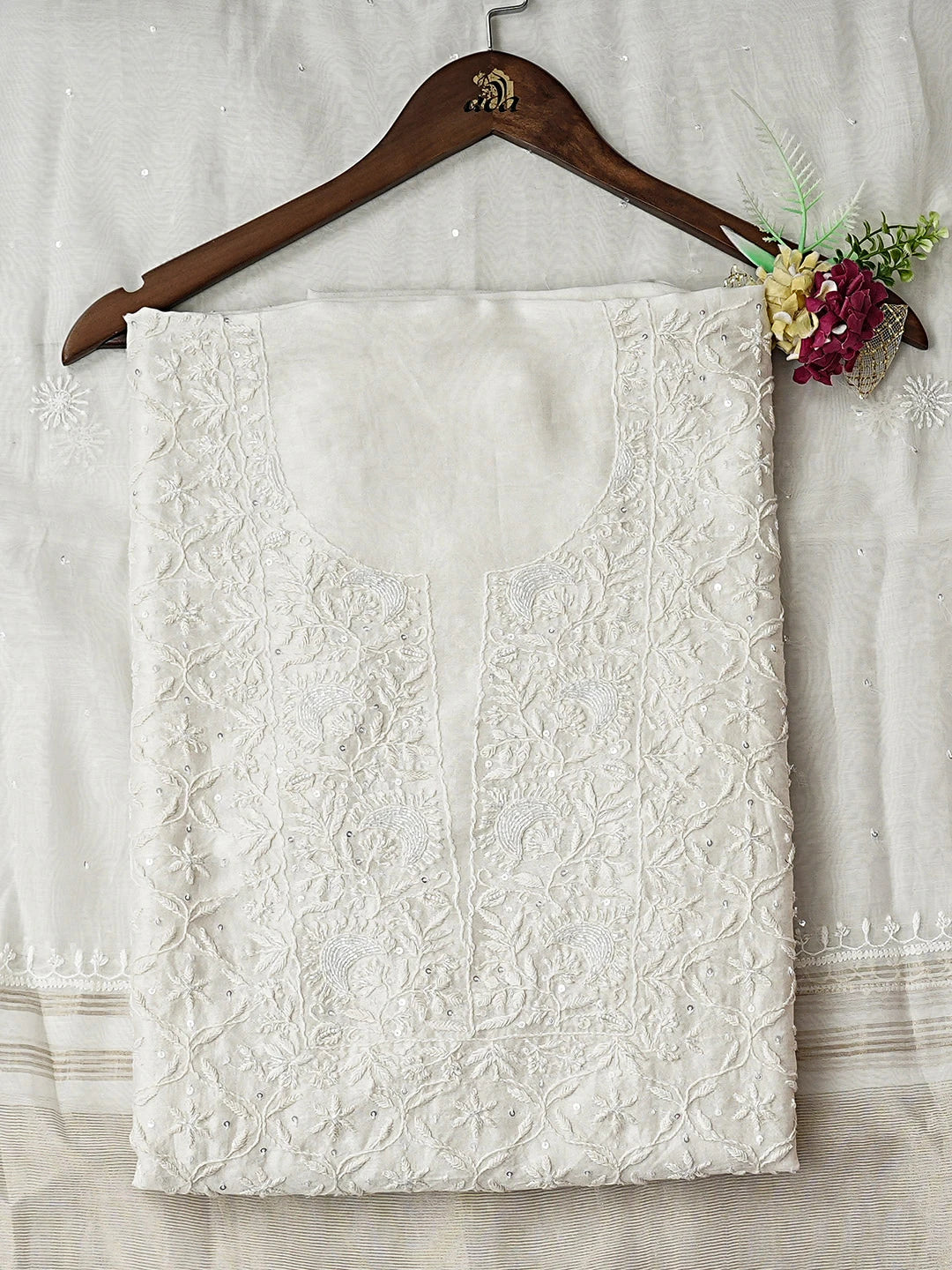 Ada Hand Embroidered White Chanderi Lucknowi Chikankari Unstitched Kurta Dupatta Set With Sequinned Work 01A759712