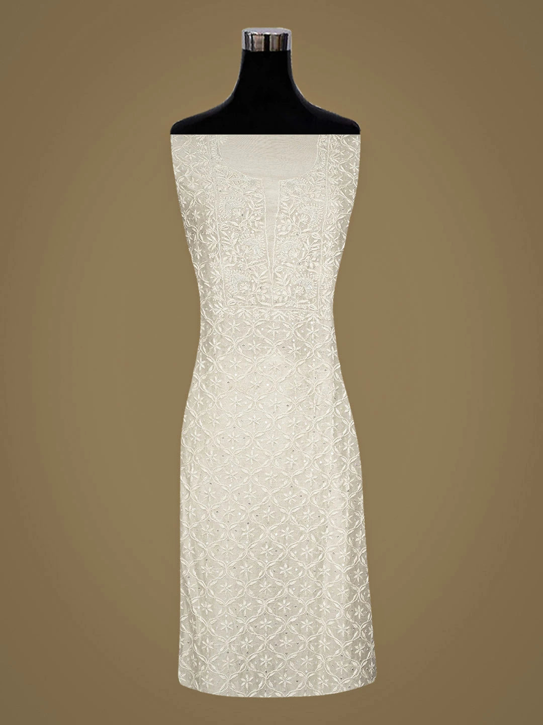 Ada Hand Embroidered White Chanderi Lucknowi Chikankari Unstitched Kurta Dupatta Set With Sequinned Work 01A759712