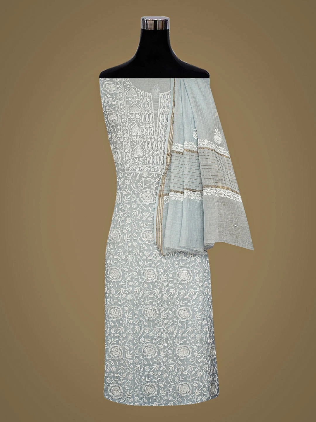 Ada Hand Embroidered Blue Chanderi Lucknowi Chikankari Unstitched Kurta Dupatta Set With Cutdana Work 01A934910