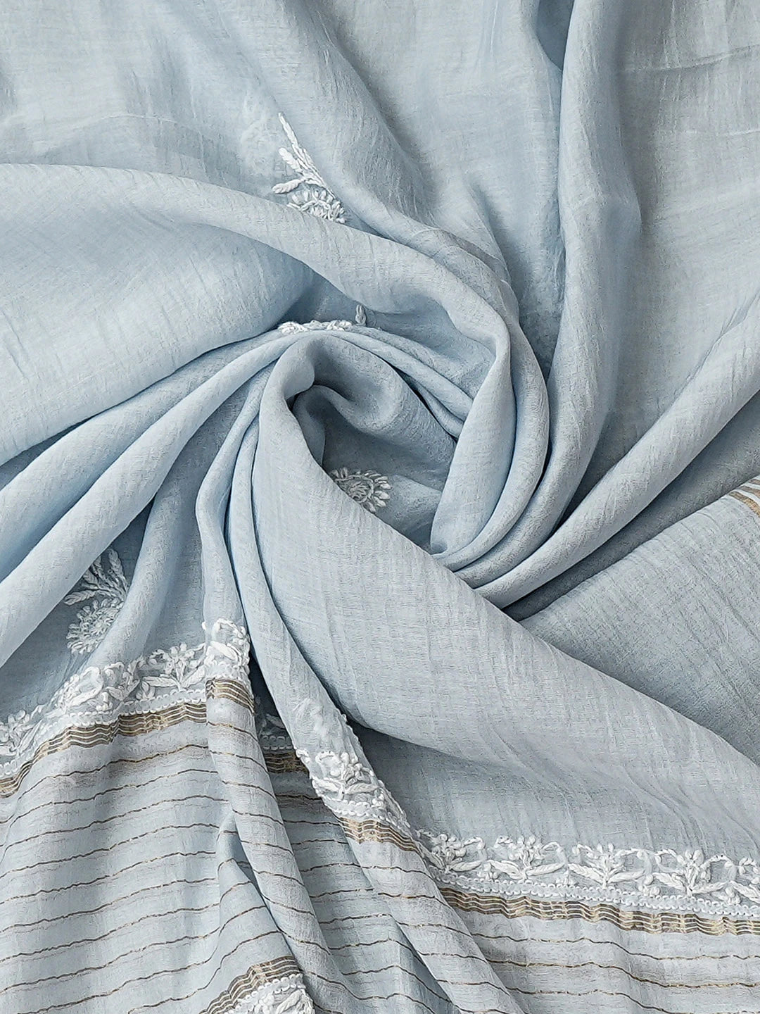 Ada Hand Embroidered Blue Chanderi Lucknowi Chikankari Unstitched Kurta Dupatta Set With Cutdana Work 01A934910