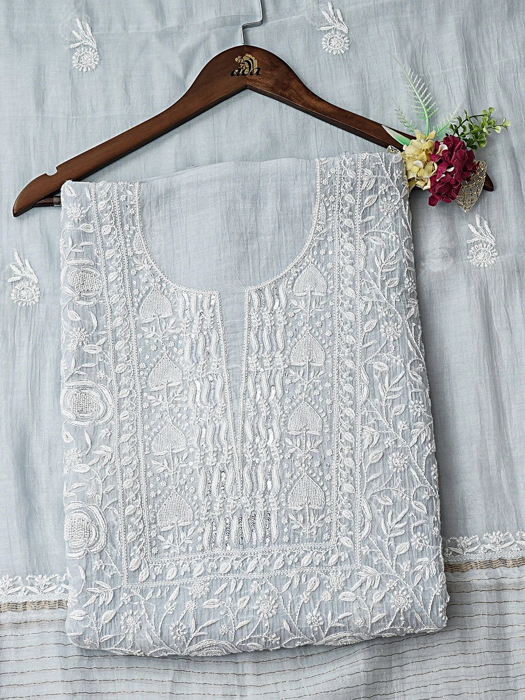 Ada Hand Embroidered Blue Chanderi Lucknowi Chikankari Unstitched Kurta Dupatta Set With Cutdana Work 01A934910
