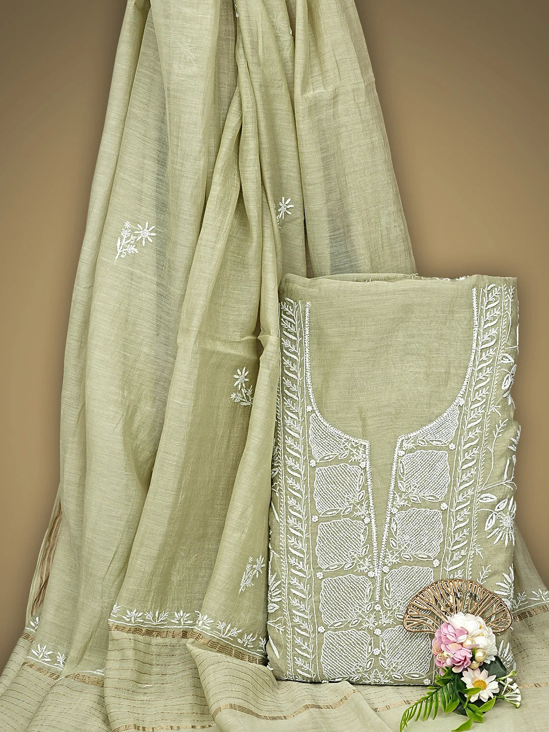 Ada Hand Embroidered Pista Green Chanderi Lucknowi Chikankari Unstitched Kurta Dupatta Set With Cutdana Work 01A922088