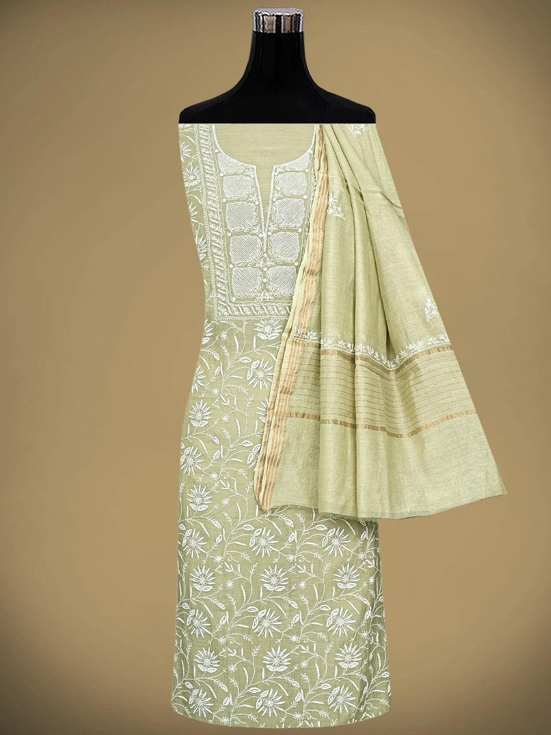 Ada Hand Embroidered Pista Green Chanderi Lucknowi Chikankari Unstitched Kurta Dupatta Set With Cutdana Work 01A922088