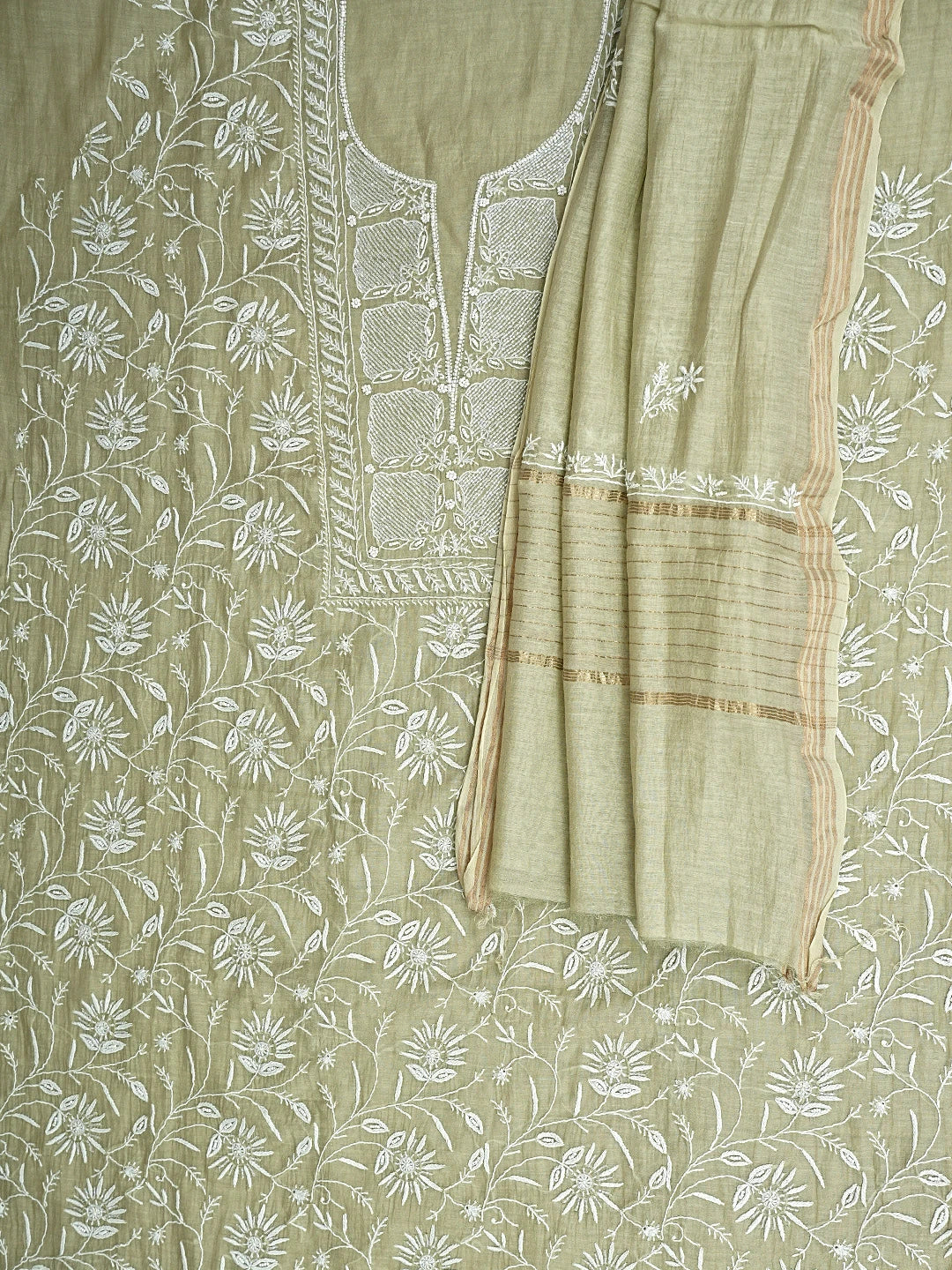 Ada Hand Embroidered Pista Green Chanderi Lucknowi Chikankari Unstitched Kurta Dupatta Set With Cutdana Work 01A922088