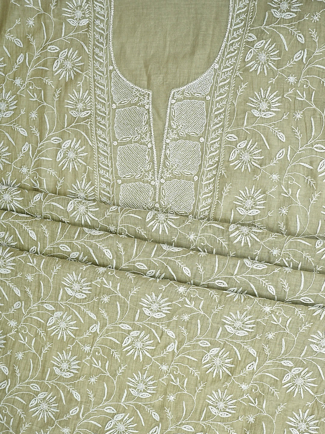 Ada Hand Embroidered Pista Green Chanderi Lucknowi Chikankari Unstitched Kurta Dupatta Set With Cutdana Work 01A922088