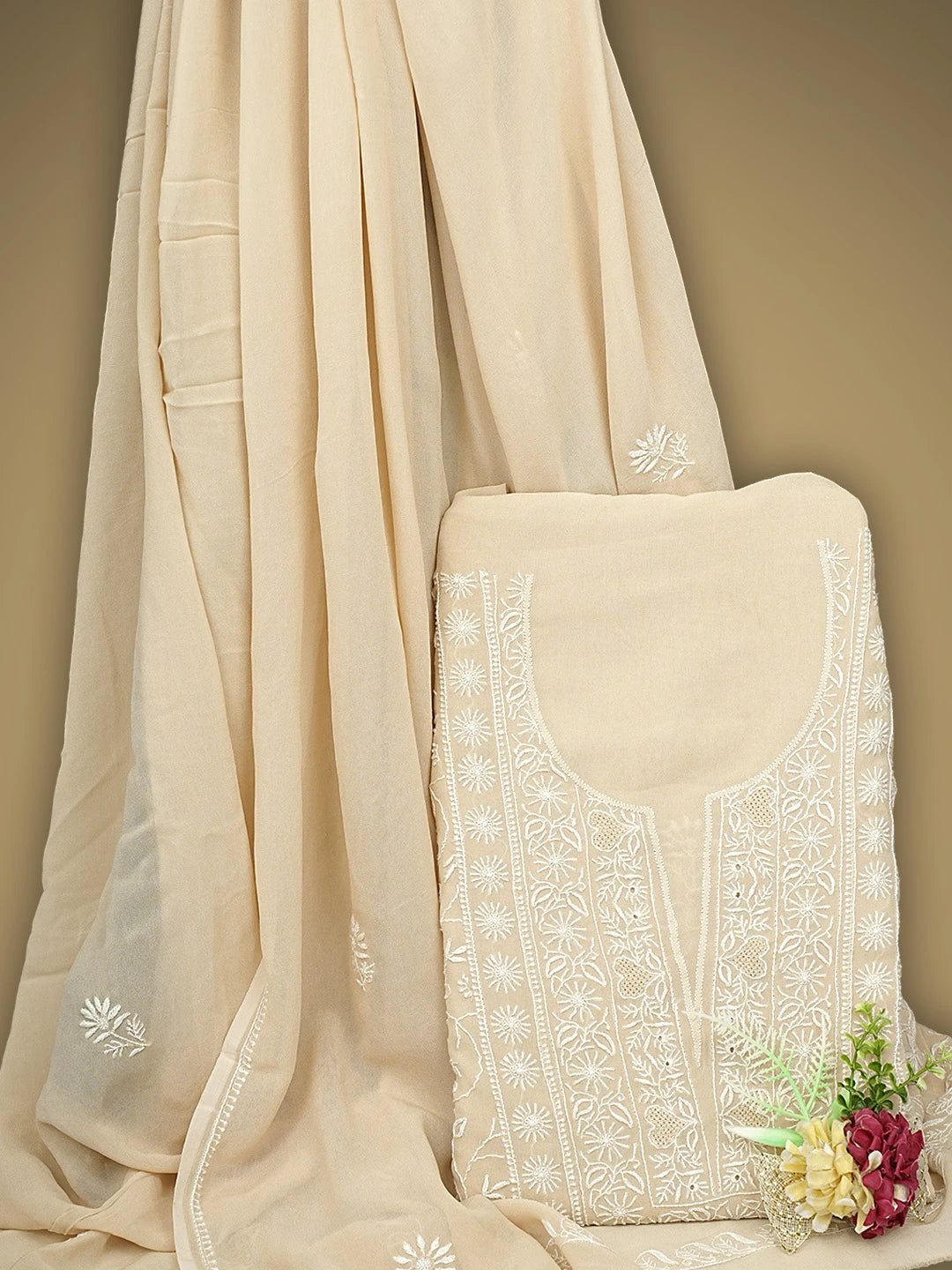 Ada Hand Embroidered Wheat Brown Viscose Georgette Lucknowi Chikankari Unstitched Kurta Dupatta Set 01A821782