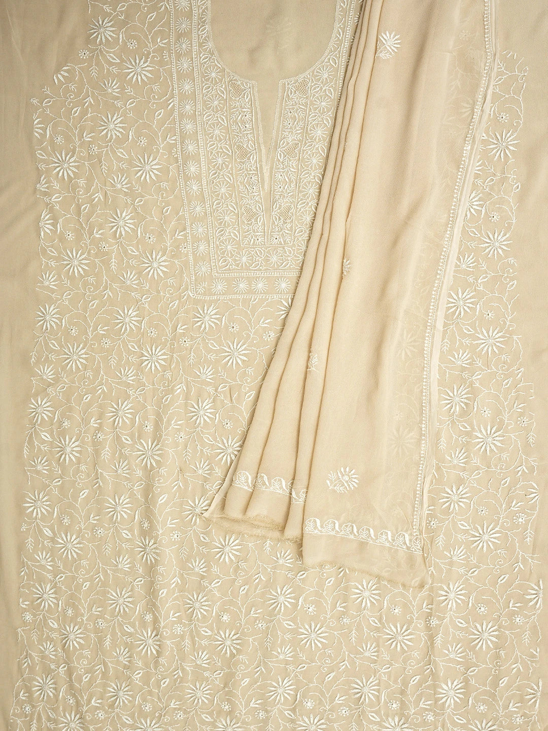 Ada Hand Embroidered Wheat Brown Viscose Georgette Lucknowi Chikankari Unstitched Kurta Dupatta Set 01A821782
