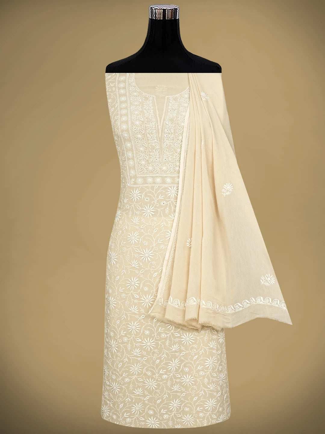 Ada Hand Embroidered Wheat Brown Viscose Georgette Lucknowi Chikankari Unstitched Kurta Dupatta Set 01A821782