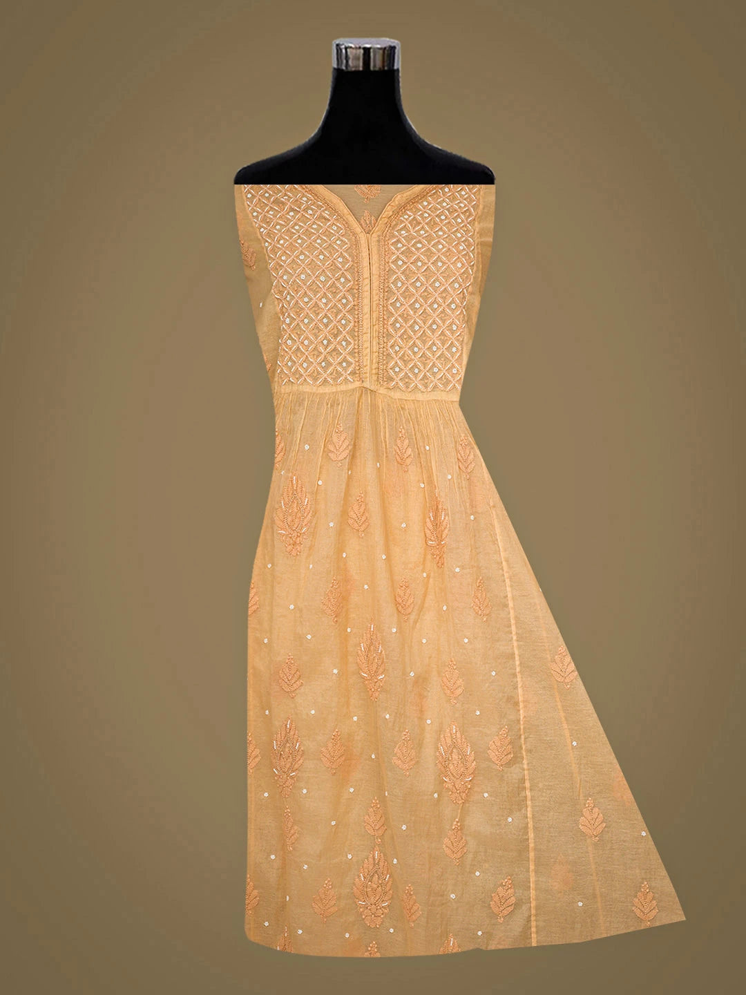 Ada Hand Embroidered Peach Chanderi Lucknowi Chikankari Semi-Stitched Kurta Dupatta Set With Pearl Work 01A800015