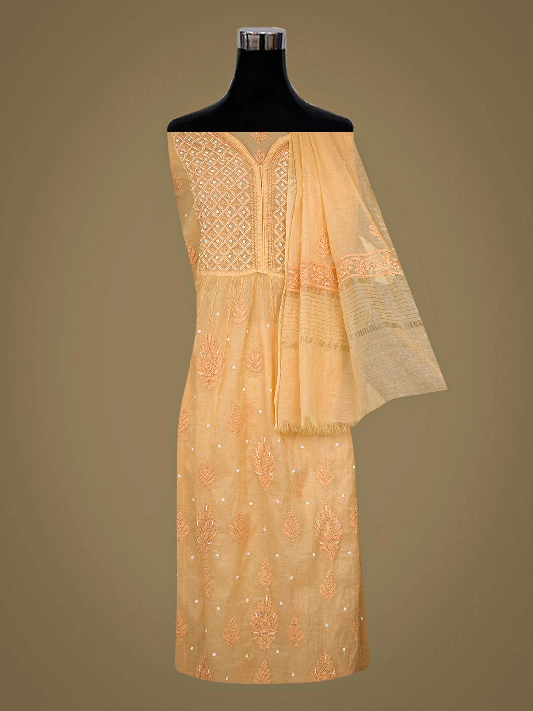 Ada Hand Embroidered Peach Chanderi Lucknowi Chikankari Semi-Stitched Kurta Dupatta Set With Pearl Work 01A800015
