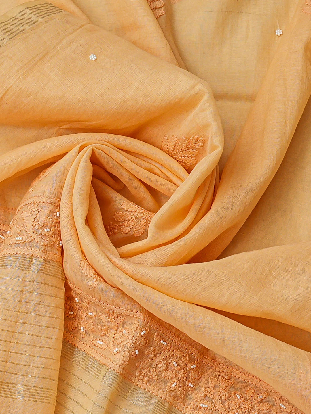 Ada Hand Embroidered Peach Chanderi Lucknowi Chikankari Semi-Stitched Kurta Dupatta Set With Pearl Work 01A800015