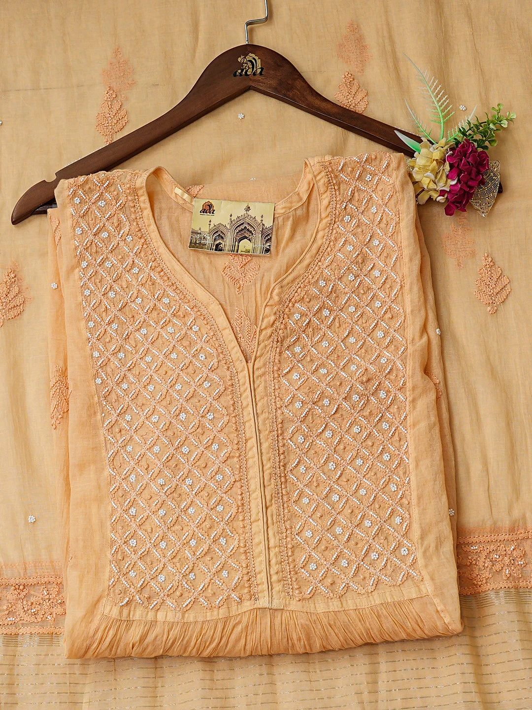 Ada Hand Embroidered Peach Chanderi Lucknowi Chikankari Semi-Stitched Kurta Dupatta Set With Pearl Work 01A800015