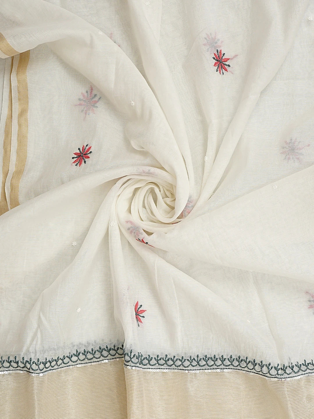 Ada Hand Embroidered White Seashell Chanderi Lucknowi Chikankari Unstitched Kurta Dupatta Set With Cutdana Work 01A946337