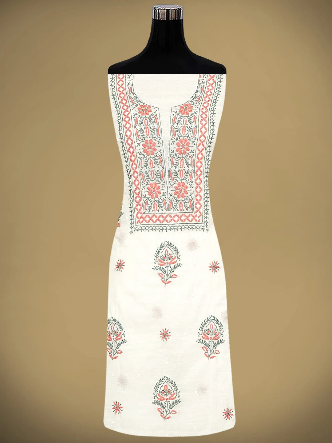 Ada Hand Embroidered White Seashell Chanderi Lucknowi Chikankari Unstitched Kurta Dupatta Set With Cutdana Work 01A946337