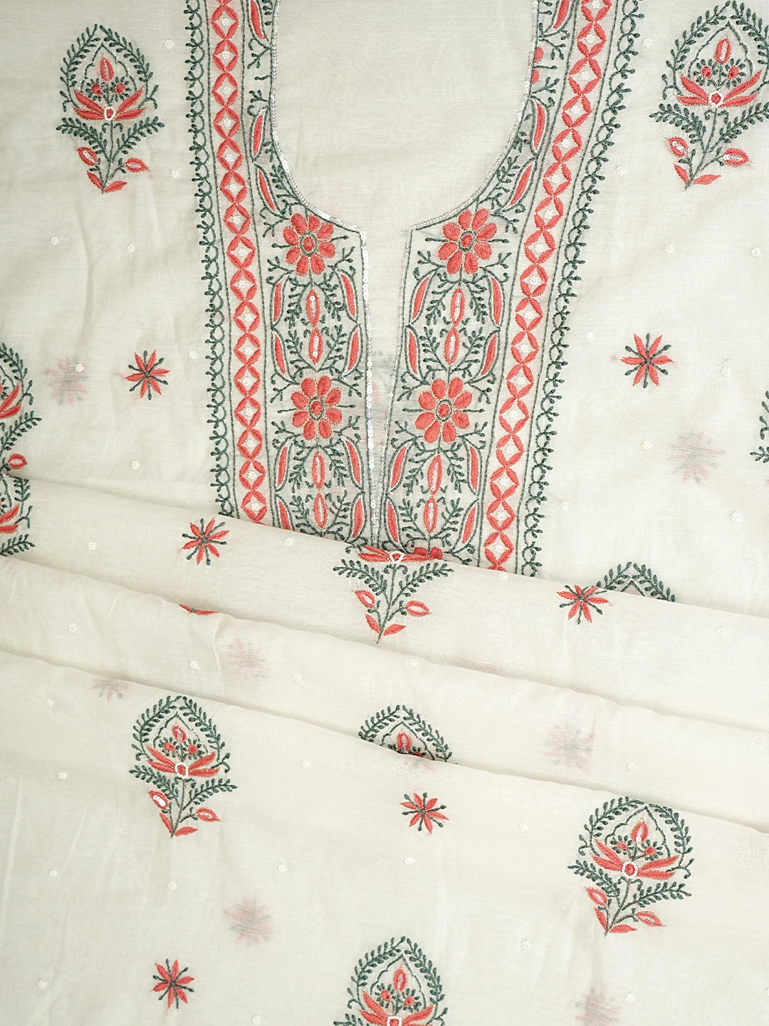 Ada Hand Embroidered White Seashell Chanderi Lucknowi Chikankari Unstitched Kurta Dupatta Set With Cutdana Work 01A946337