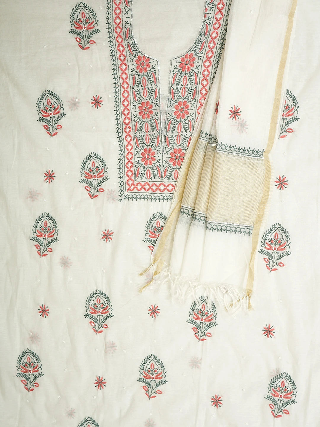 Ada Hand Embroidered White Seashell Chanderi Lucknowi Chikankari Unstitched Kurta Dupatta Set With Cutdana Work 01A946337