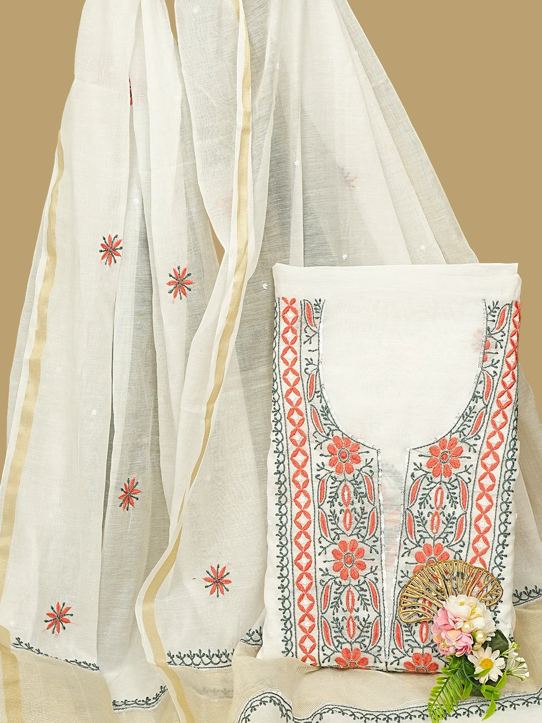 Ada Hand Embroidered White Seashell Chanderi Lucknowi Chikankari Unstitched Kurta Dupatta Set With Cutdana Work 01A946337