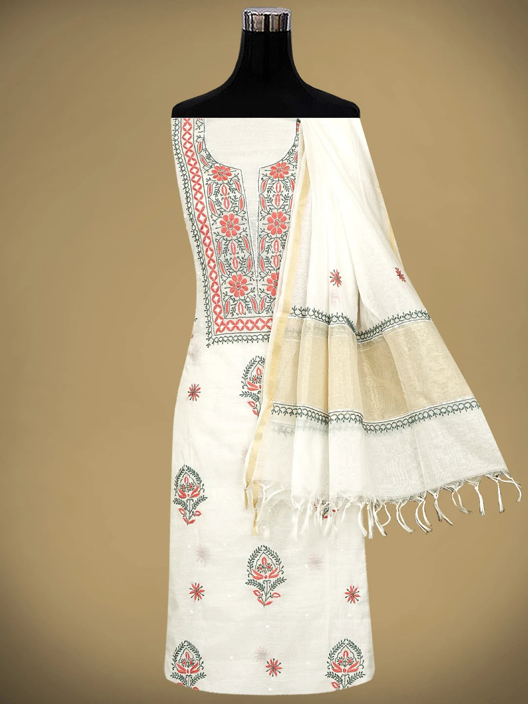 Ada Hand Embroidered White Seashell Chanderi Lucknowi Chikankari Unstitched Kurta Dupatta Set With Cutdana Work 01A946337