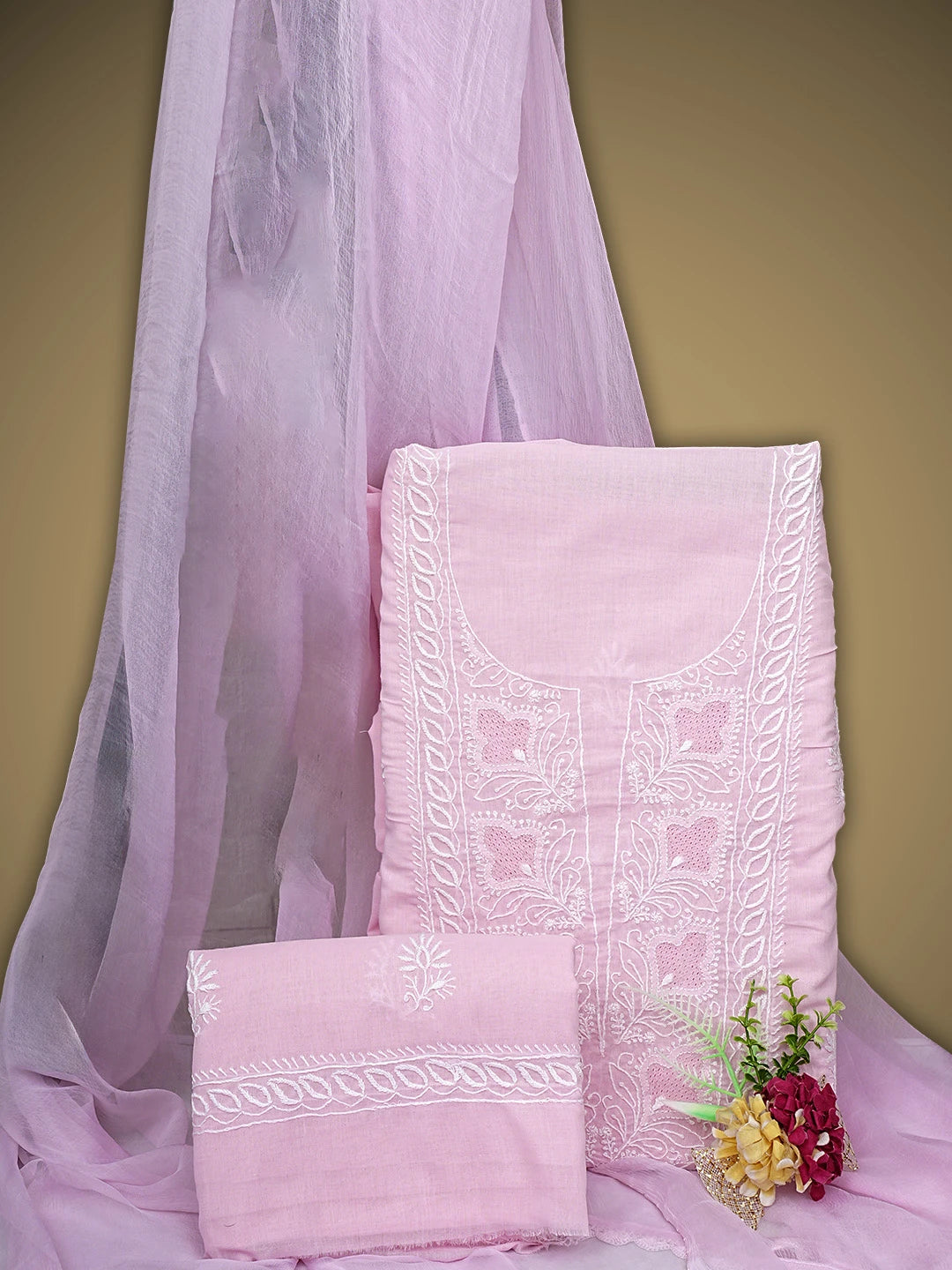Ada Hand Embroidered Pink Cotton Lucknowi Chikankari Unstitched Suit Piece 01A773686