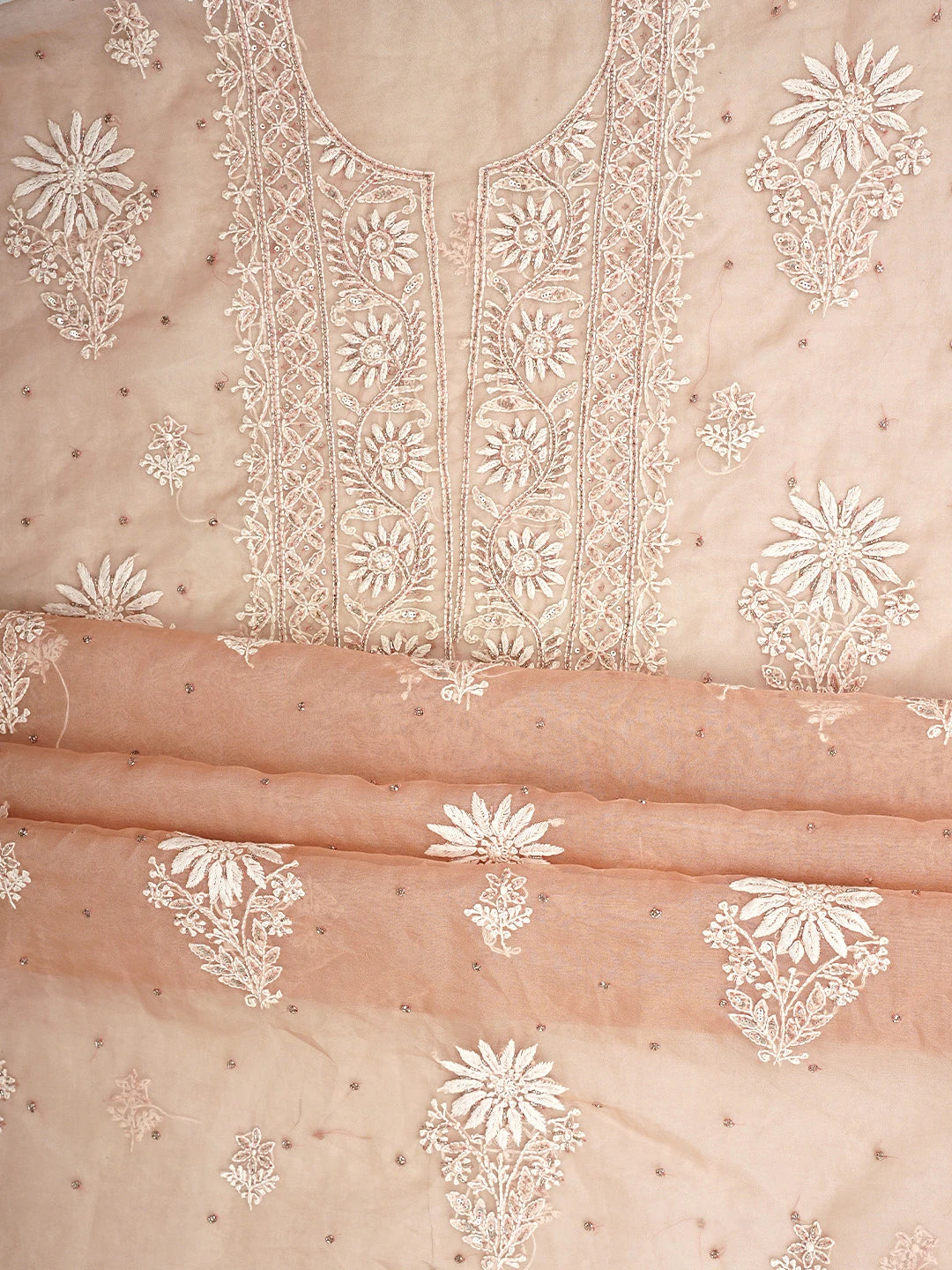 Ada Hand Embroidered Dusty Peach Organza Lucknowi Chikankari Unstitched Kurta Dupatta Set With Cutdana Work 01A743470
