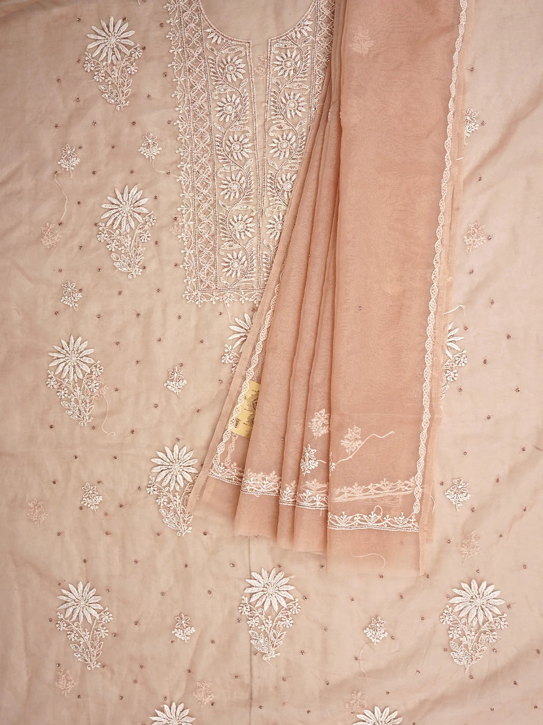 Ada Hand Embroidered Dusty Peach Organza Lucknowi Chikankari Unstitched Kurta Dupatta Set With Cutdana Work 01A743470