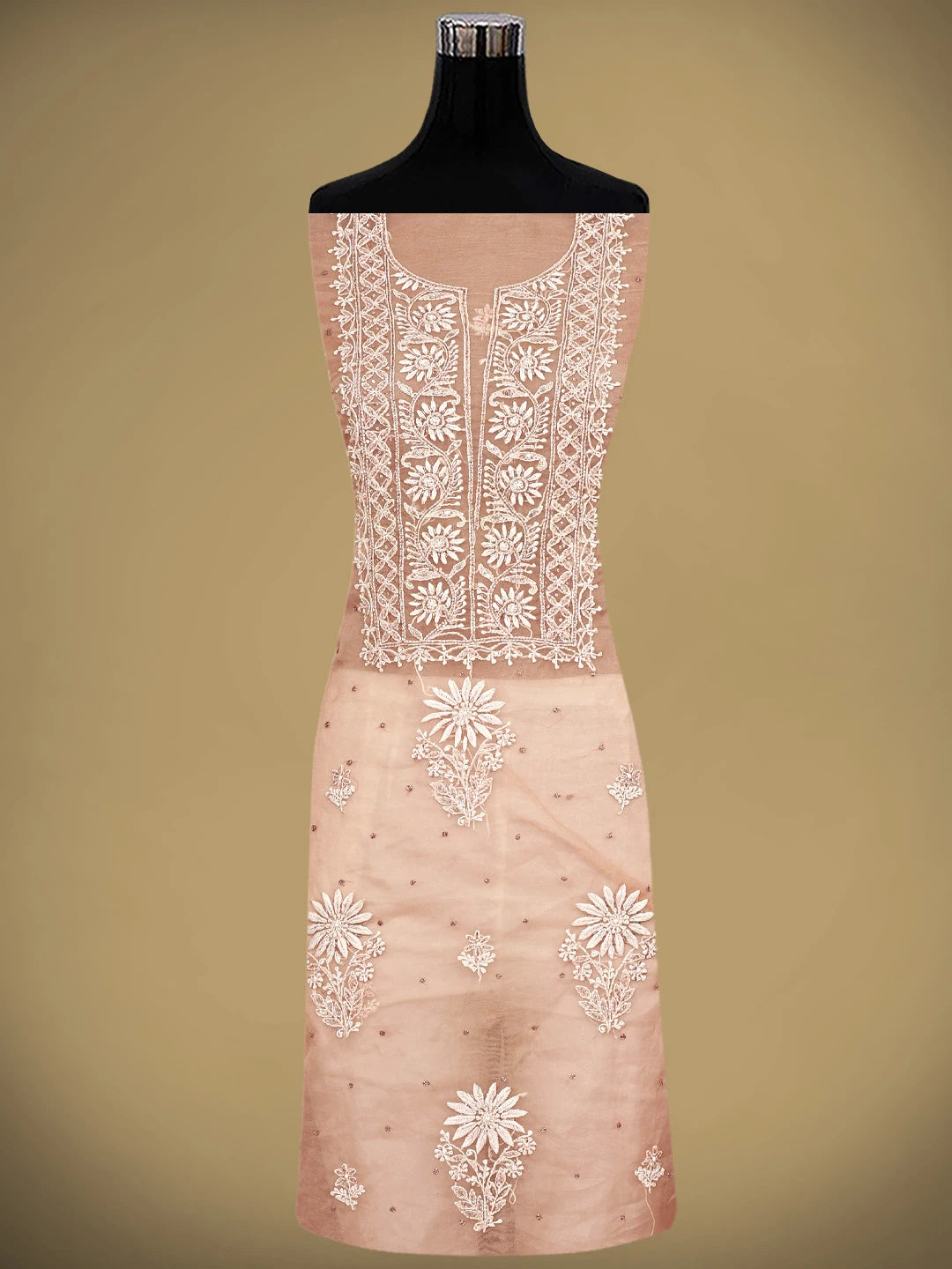 Ada Hand Embroidered Dusty Peach Organza Lucknowi Chikankari Unstitched Kurta Dupatta Set With Cutdana Work 01A743470