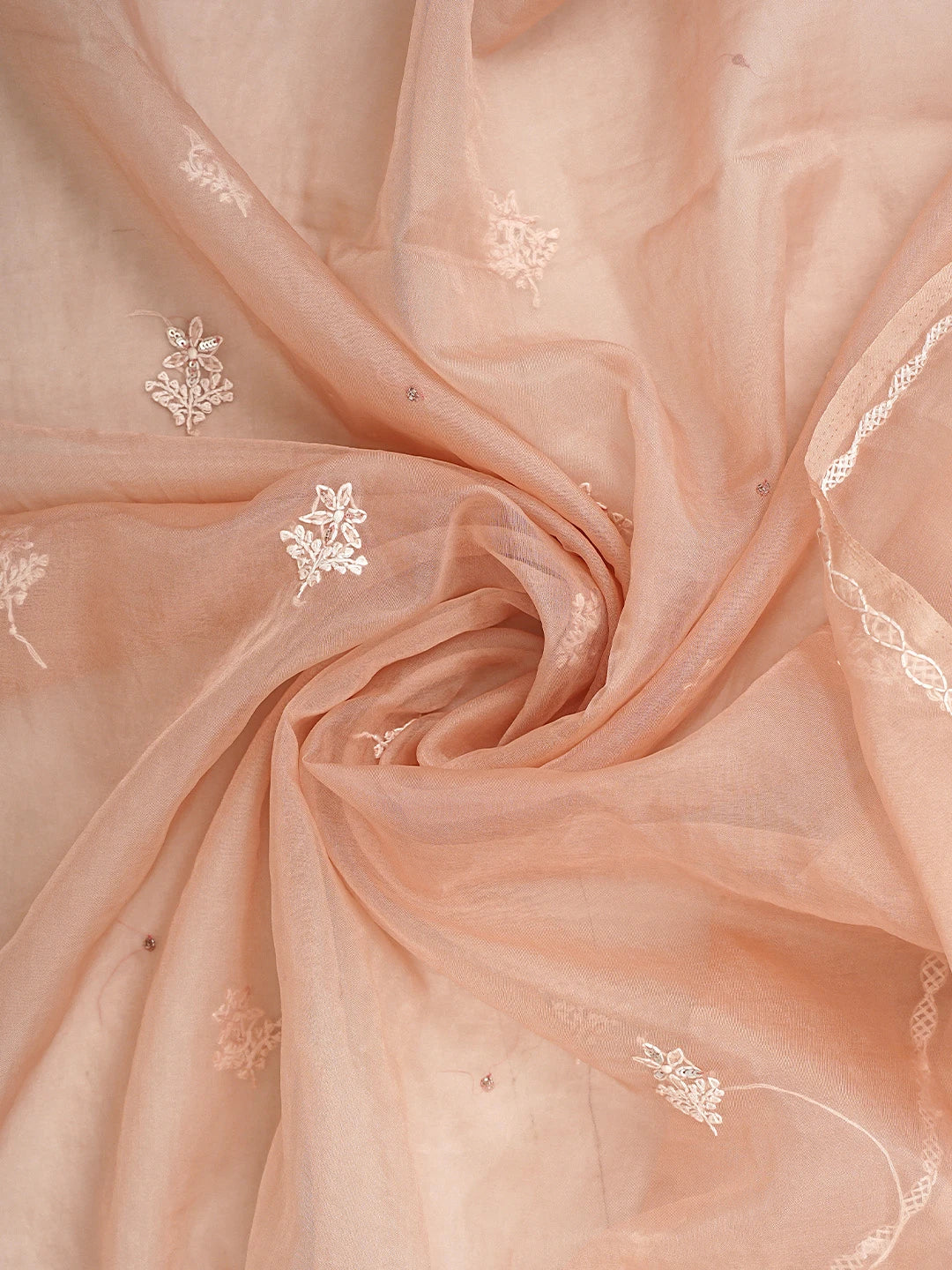 Ada Hand Embroidered Dusty Peach Organza Lucknowi Chikankari Unstitched Kurta Dupatta Set With Cutdana Work 01A743470