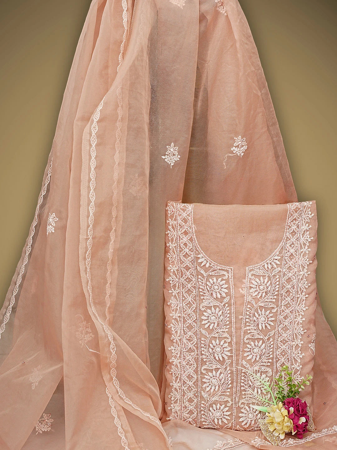 Ada Hand Embroidered Dusty Peach Organza Lucknowi Chikankari Unstitched Kurta Dupatta Set With Cutdana Work 01A743470