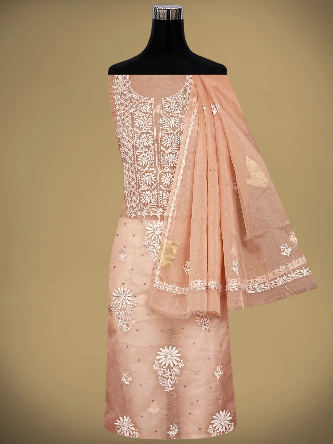 Ada Hand Embroidered Dusty Peach Organza Lucknowi Chikankari Unstitched Kurta Dupatta Set With Cutdana Work 01A743470