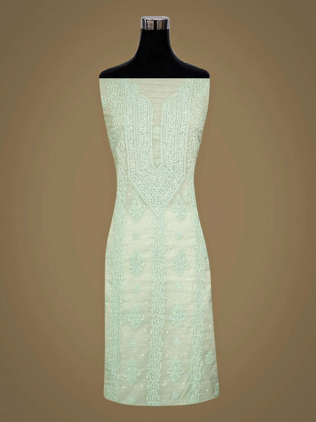 Ada Hand Embroidered Sea Green Chanderi Lucknowi Chikankari Unstitched Kurta Dupatta Set With Pearl Work 01A922167