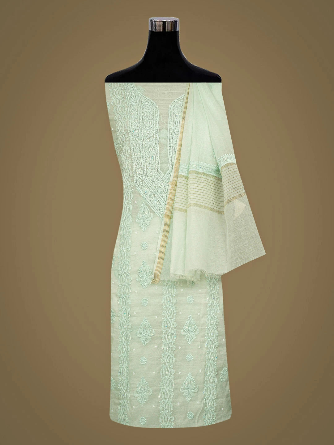 Ada Hand Embroidered Sea Green Chanderi Lucknowi Chikankari Unstitched Kurta Dupatta Set With Pearl Work 01A922167