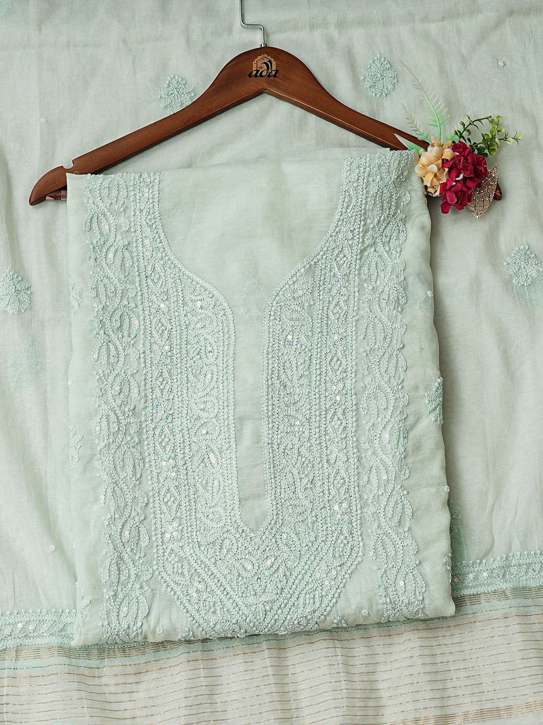Ada Hand Embroidered Sea Green Chanderi Lucknowi Chikankari Unstitched Kurta Dupatta Set With Pearl Work 01A922167
