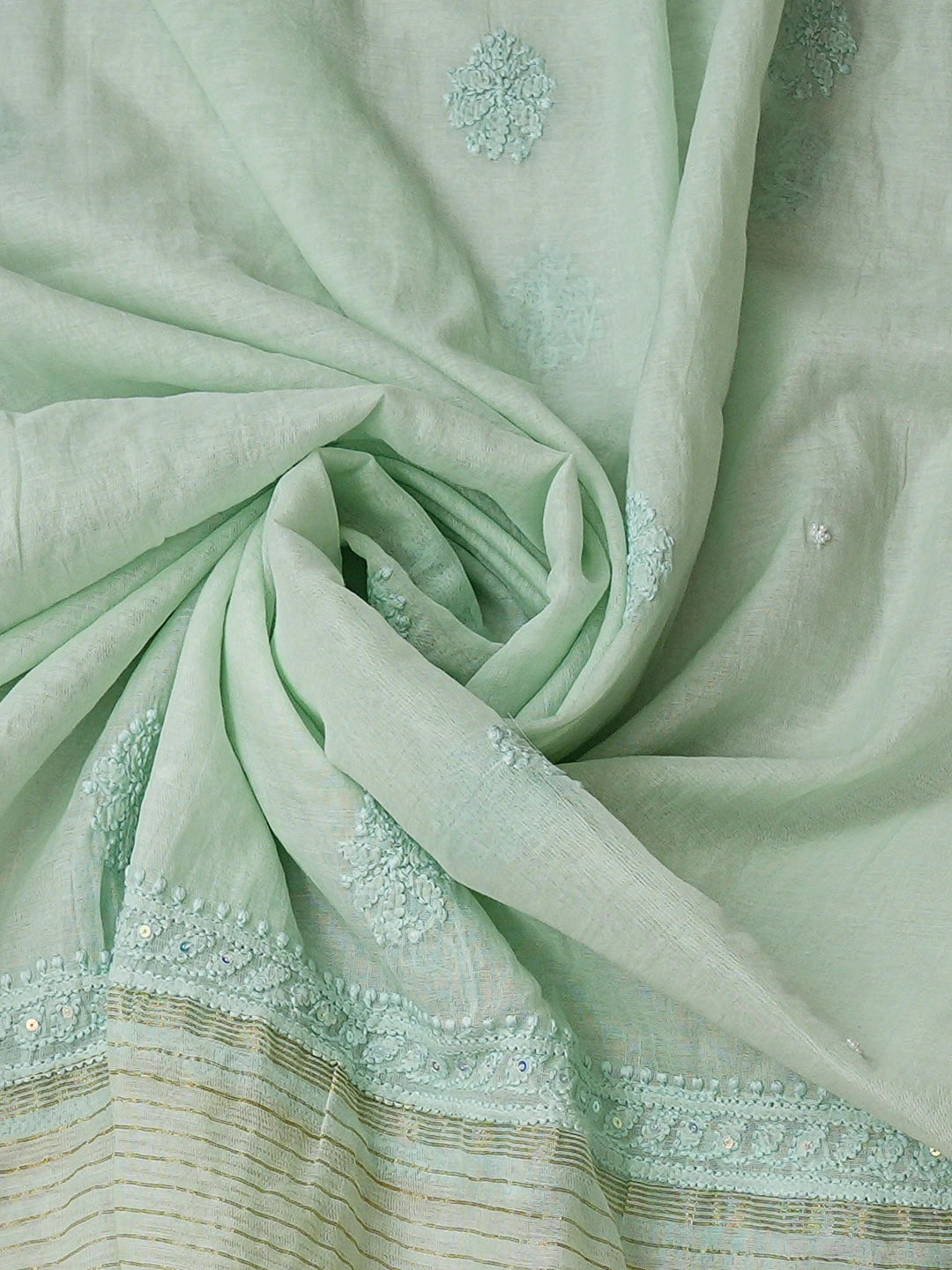 Ada Hand Embroidered Sea Green Chanderi Lucknowi Chikankari Unstitched Kurta Dupatta Set With Pearl Work 01A922167
