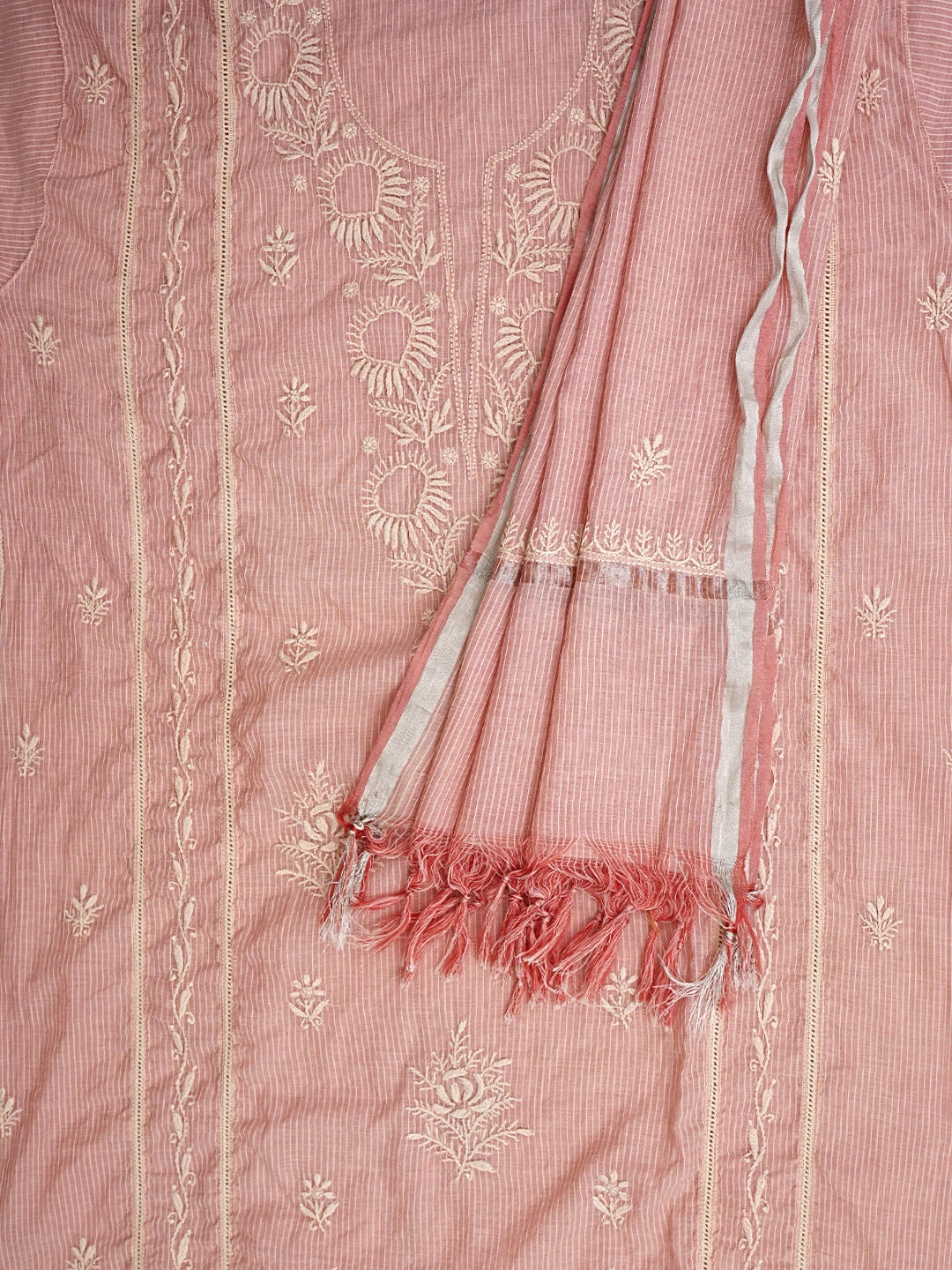 Ada Hand Embroidered Peach Chanderi Lucknowi Chikankari Semi Stitched Kurta Dupatta Set 01A636527