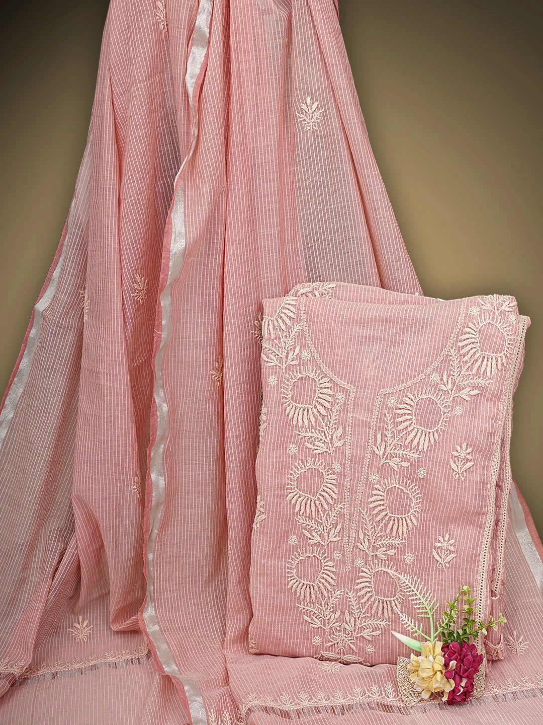 Ada Hand Embroidered Peach Chanderi Lucknowi Chikankari Semi Stitched Kurta Dupatta Set 01A636527