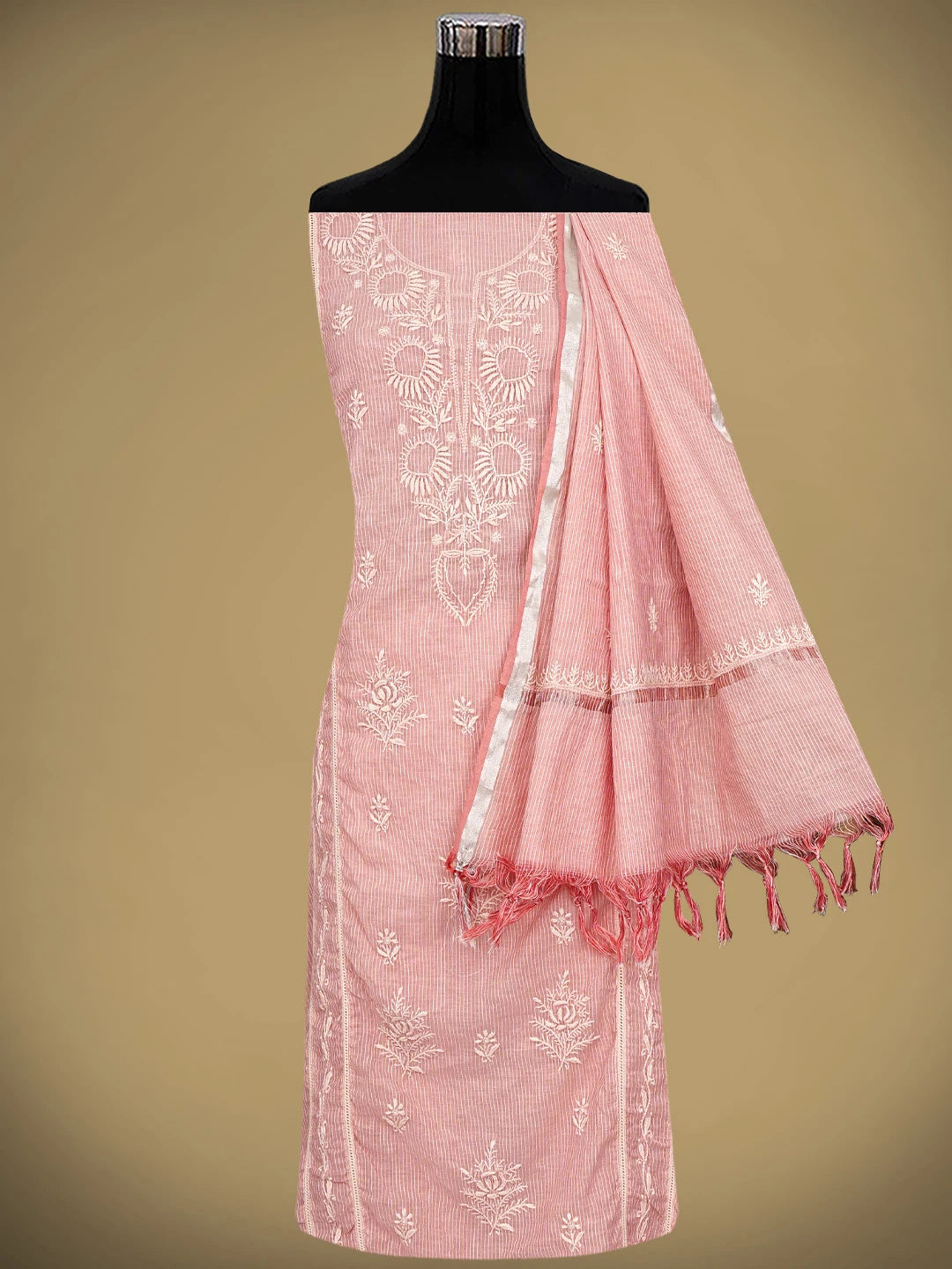 Ada Hand Embroidered Peach Chanderi Lucknowi Chikankari Semi Stitched Kurta Dupatta Set 01A636527