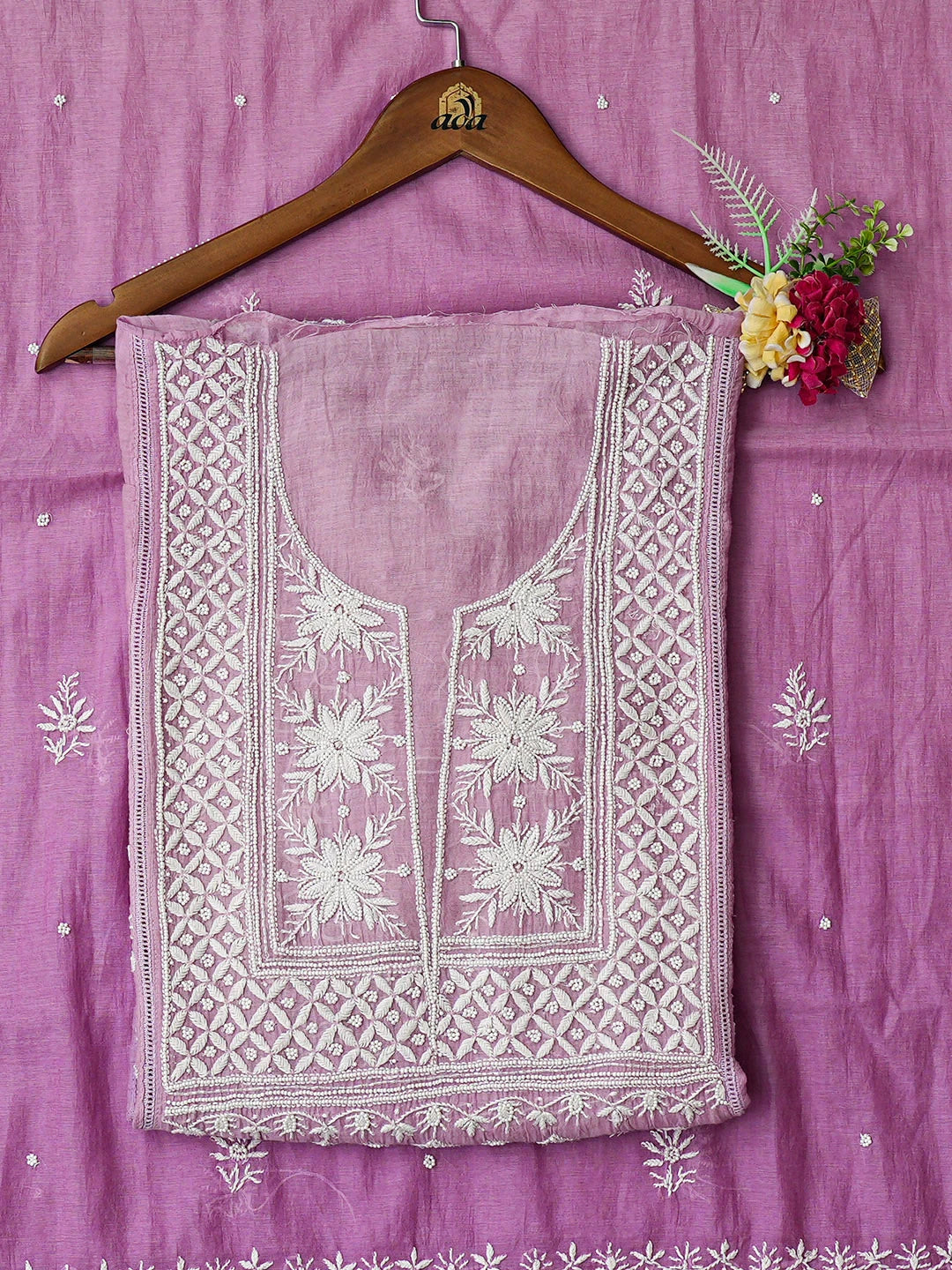 Ada Hand Embroidered Ombre Shade Of Wisteria And Thistle Purple Chanderi Lucknowi Chikankari  Semi-stitched Kurta Dupatta Set With Pearl Work 01A819339