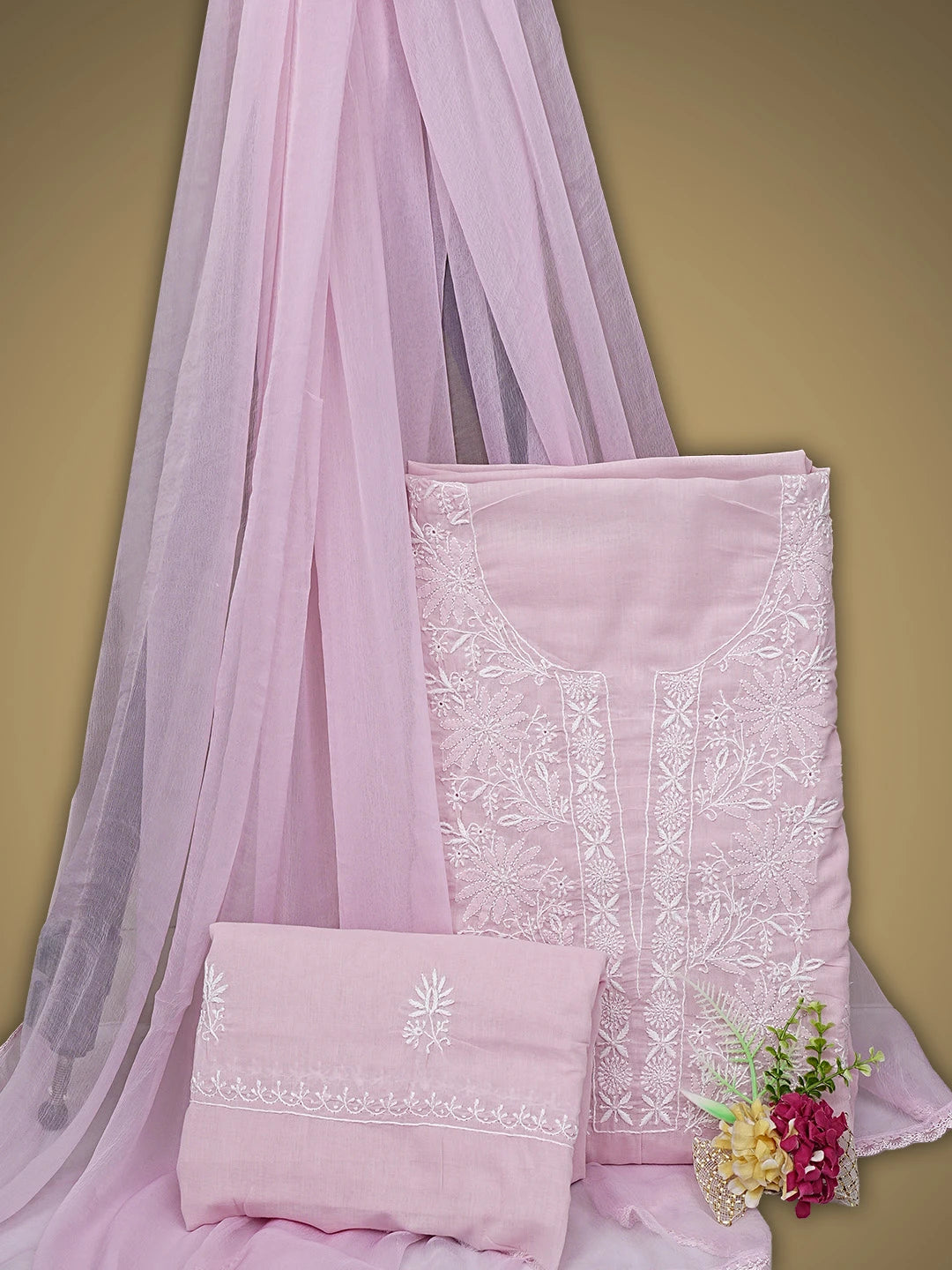 Ada Hand Embroidered Dusty Pink Cotton Lucknowi Chikankari Unstitched Suit Piece 01A773524