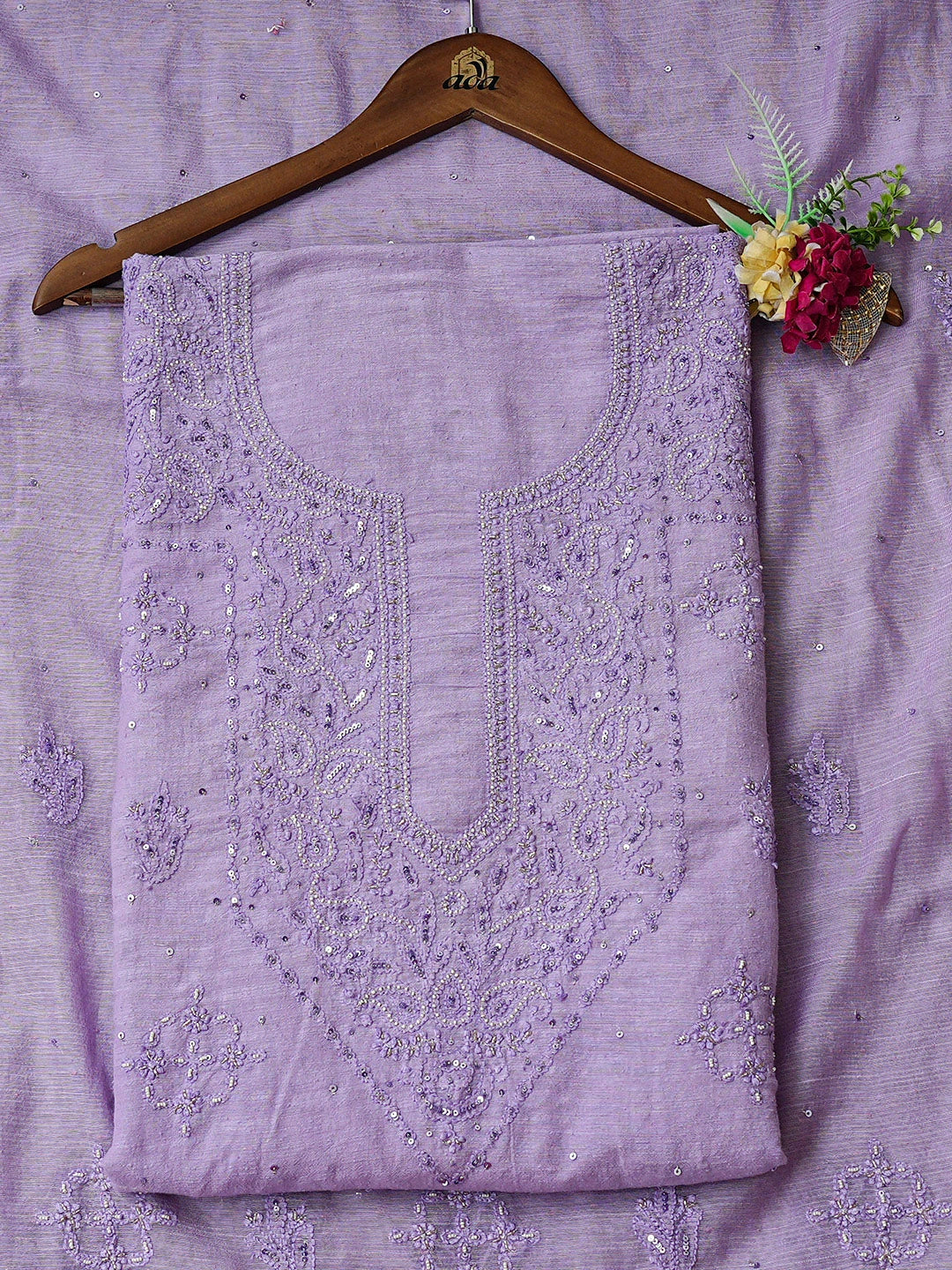 Ada Hand Embroidered Mauve Chanderi Lucknowi Chikankari Unstitched Kurta Dupatta Set With Cutdana Work 01A726717