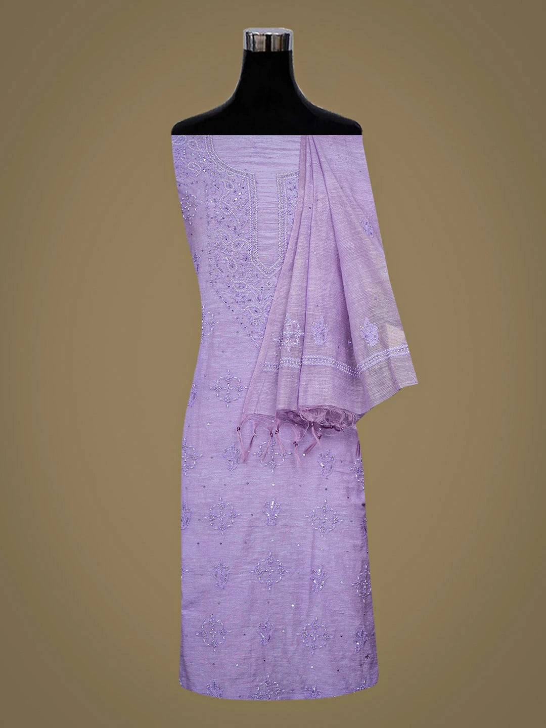 Ada Hand Embroidered Mauve Chanderi Lucknowi Chikankari Unstitched Kurta Dupatta Set With Cutdana Work 01A726717