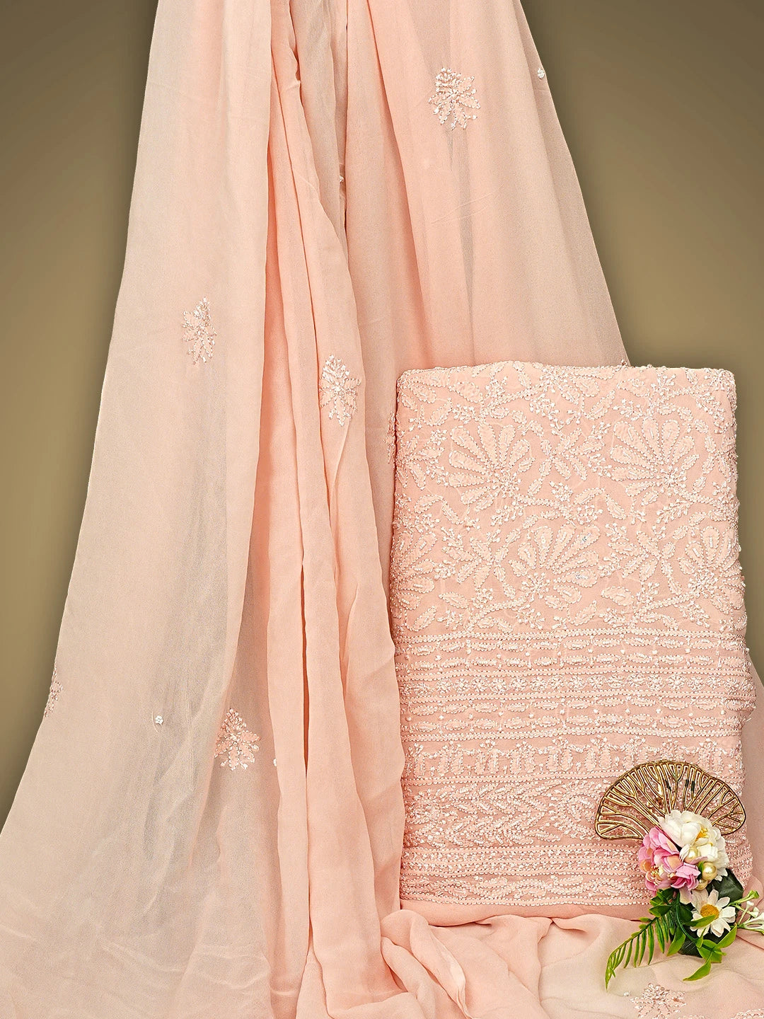 Ada Hand Embroidered Creamy Peach Viscose Georgette Lucknowi Chikankari Unstitched Kurta Dupatta Set With Cutdana Work 01A933578