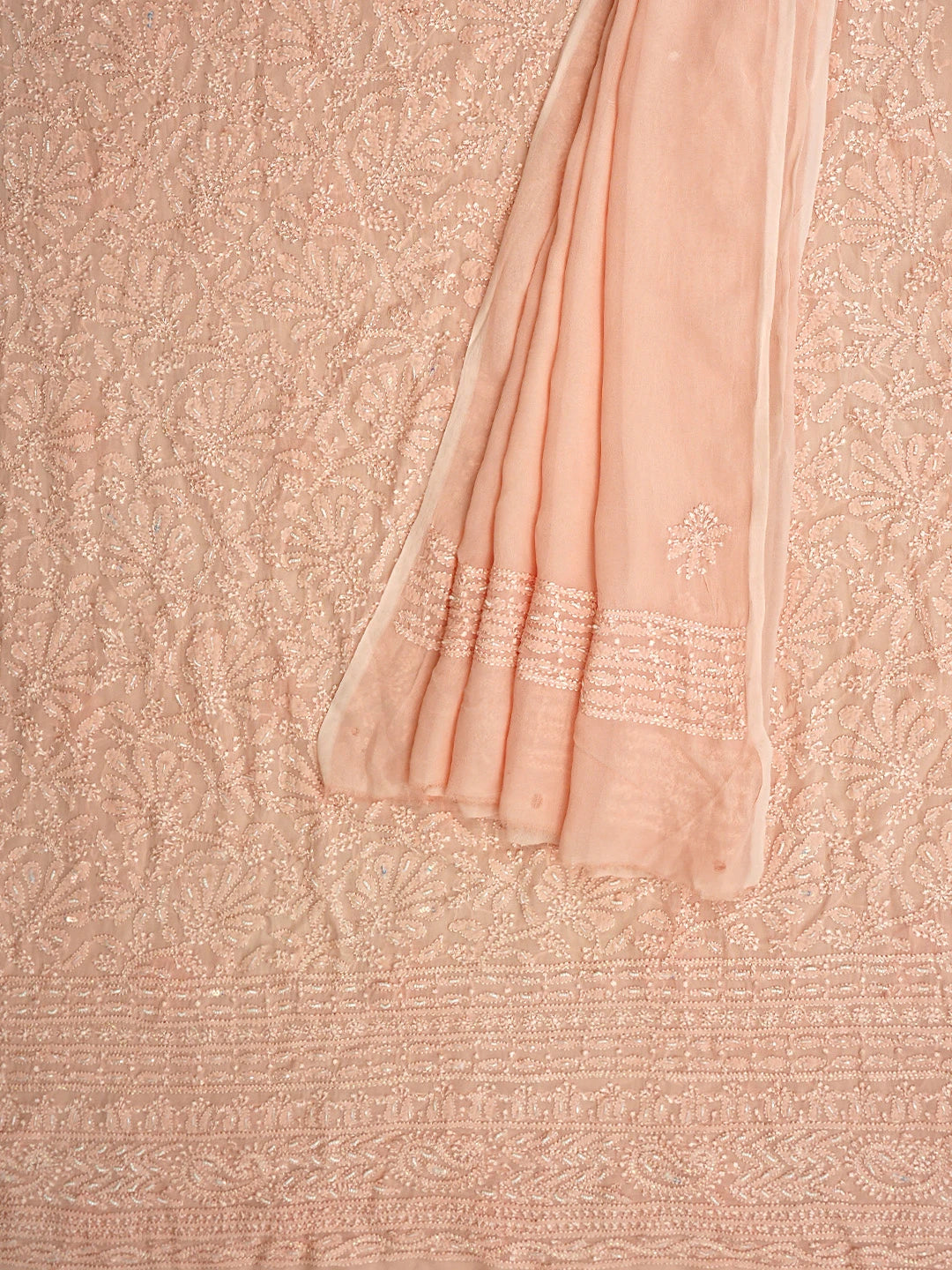 Ada Hand Embroidered Creamy Peach Viscose Georgette Lucknowi Chikankari Unstitched Kurta Dupatta Set With Cutdana Work 01A933578