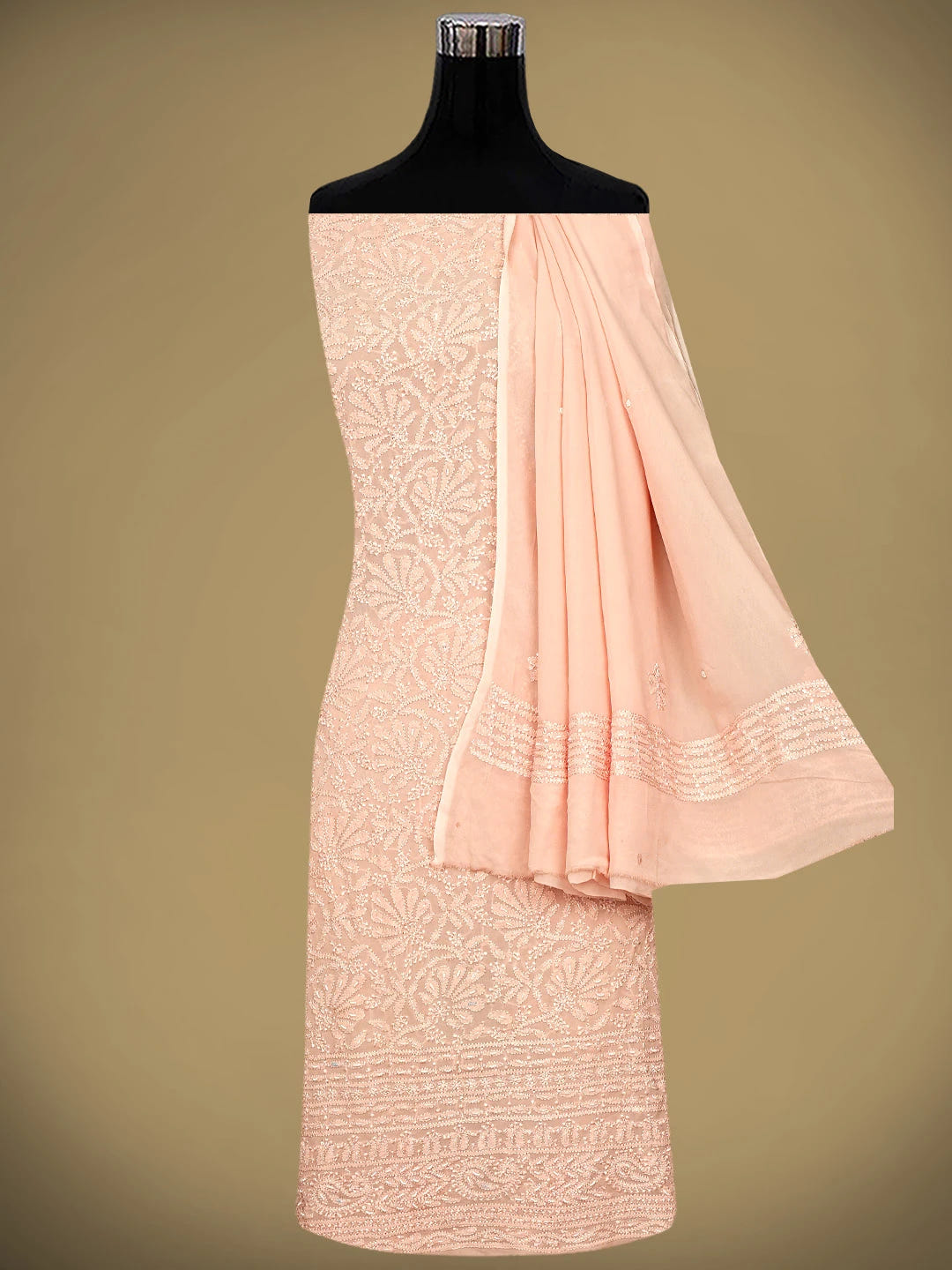 Ada Hand Embroidered Creamy Peach Viscose Georgette Lucknowi Chikankari Unstitched Kurta Dupatta Set With Cutdana Work 01A933578