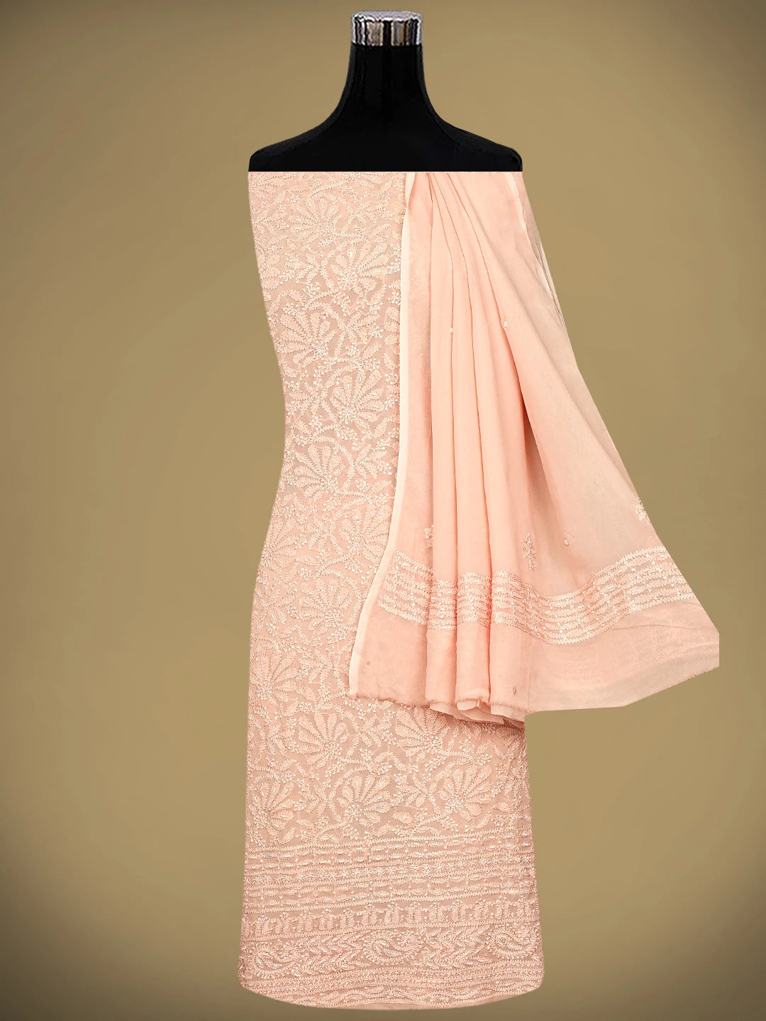 Ada Hand Embroidered Creamy Peach Viscose Georgette Lucknowi Chikankari Unstitched Kurta Dupatta Set With Cutdana Work 01A933578