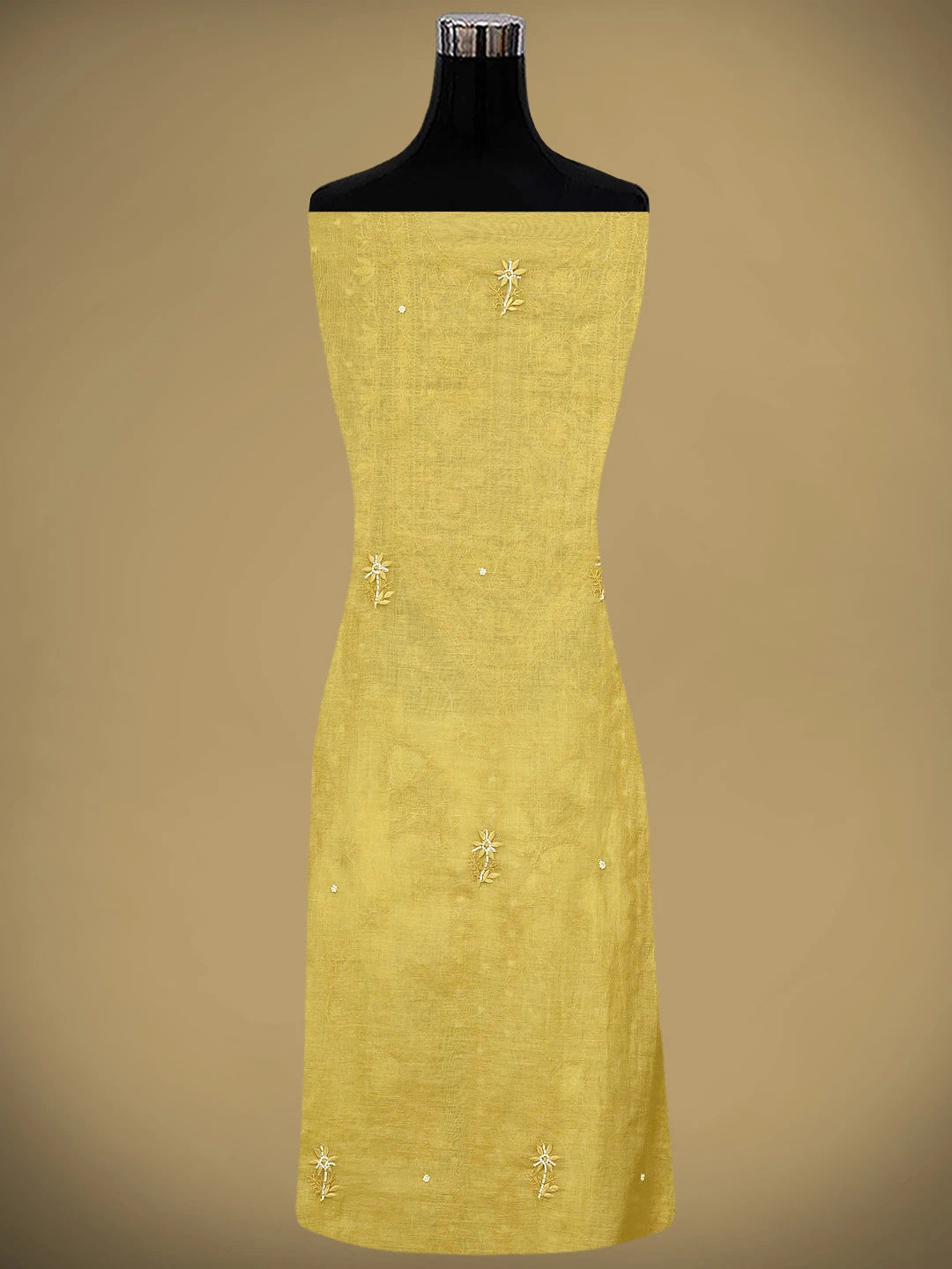 Ada Hand Embroidered Yellow Straw Gold Chanderi Lucknowi Chikankari Unstitched Kurta Dupatta Set With Pearl Work 01A911503