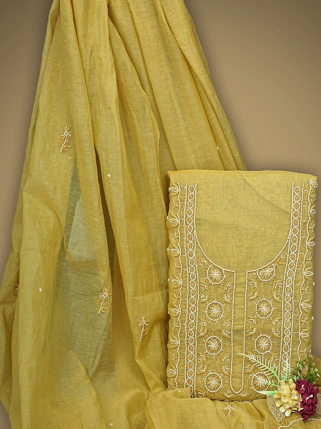 Ada Hand Embroidered Yellow Straw Gold Chanderi Lucknowi Chikankari Unstitched Kurta Dupatta Set With Pearl Work 01A911503